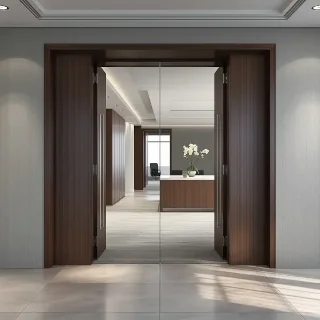 Custom glass entrance doors for corporate offices, featuring modern wood finishes and a professional interior office environment.